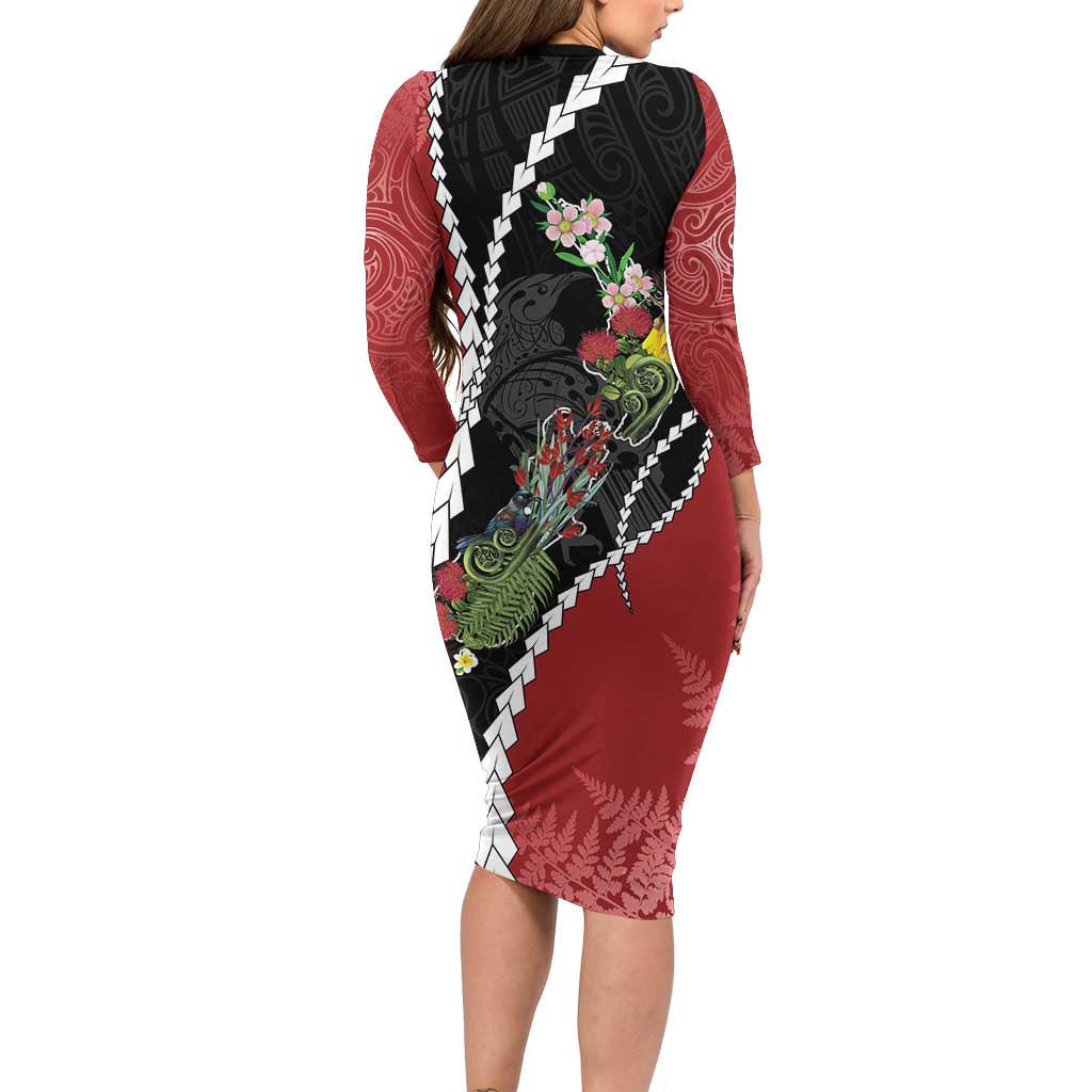 New Zealand Christmas Long Sleeve Bodycon Dress Flora Map with Birds - Vibe Hoodie