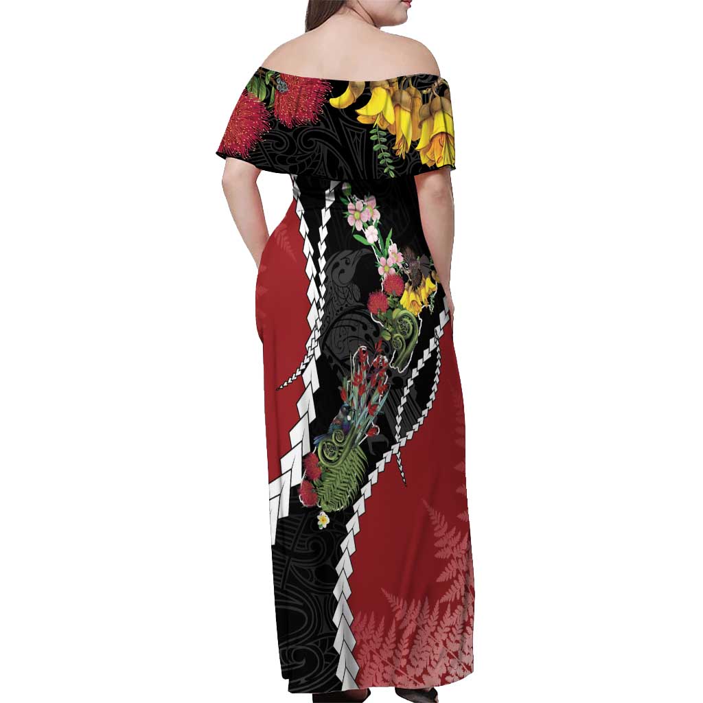 New Zealand Christmas Off Shoulder Maxi Dress Flora Map with Birds - Vibe Hoodie