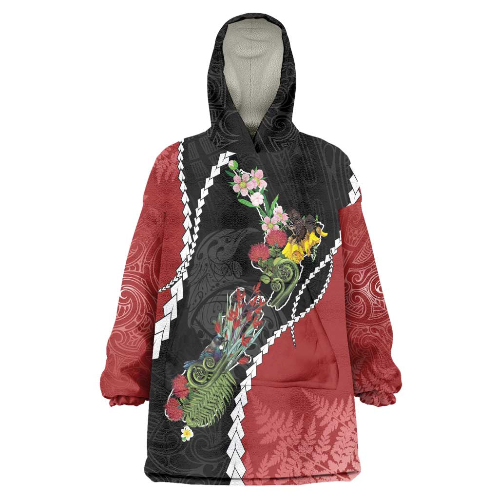 New Zealand Christmas Wearable Blanket Hoodie Flora Map with Birds - Vibe Hoodie
