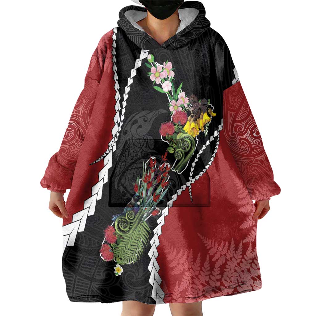 New Zealand Christmas Wearable Blanket Hoodie Flora Map with Birds - Vibe Hoodie