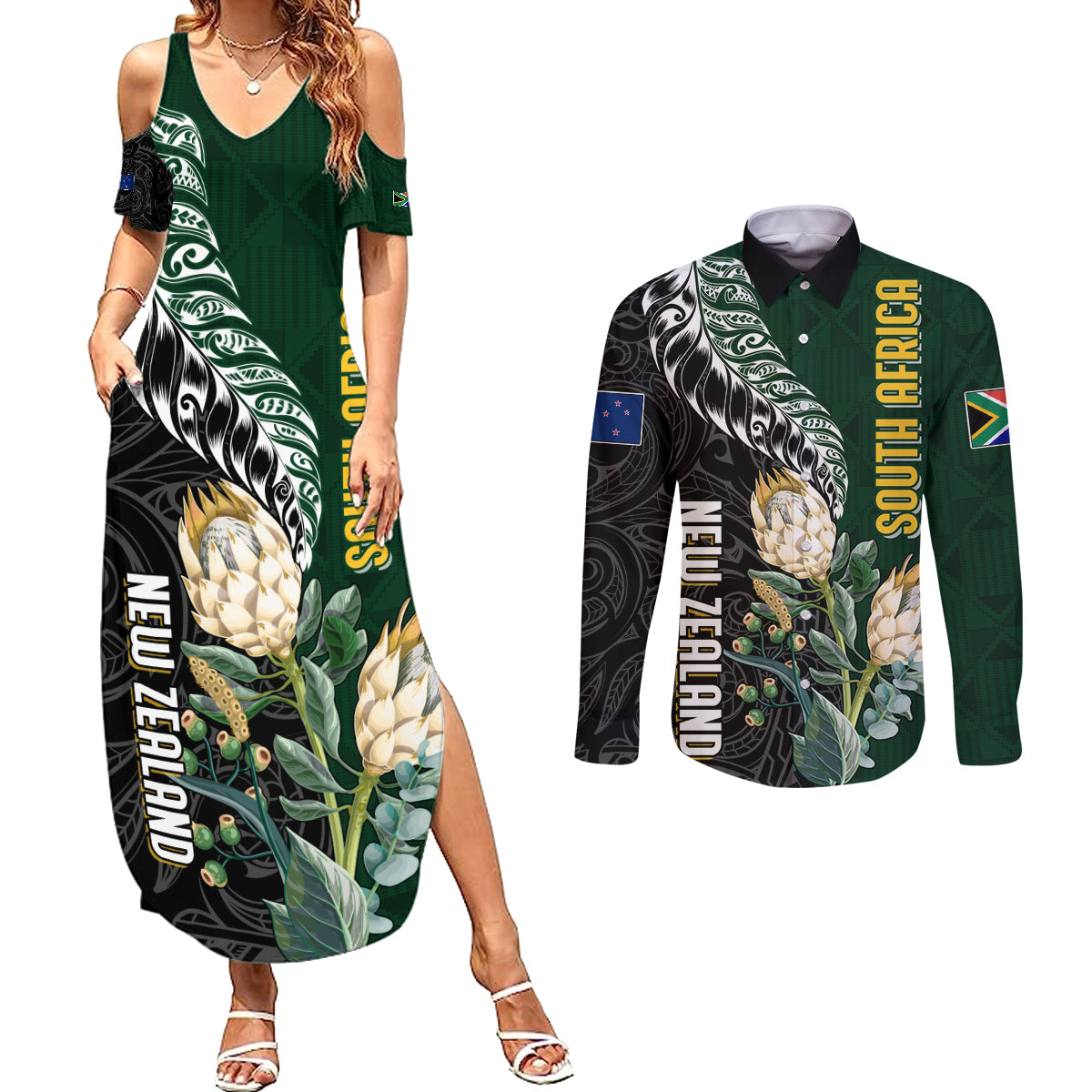 Custom South Africa Mix New Zealand Rugby 2023 Off The Shoulder Long Sleeve Dress World Cup Greatest Rivalry LT7