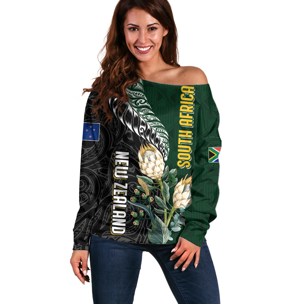 Custom South Africa Mix New Zealand Rugby 2023 Couples Matching Off Shoulder Maxi Dress and Long Sleeve Button Shirt World Cup Greatest Rivalry LT7