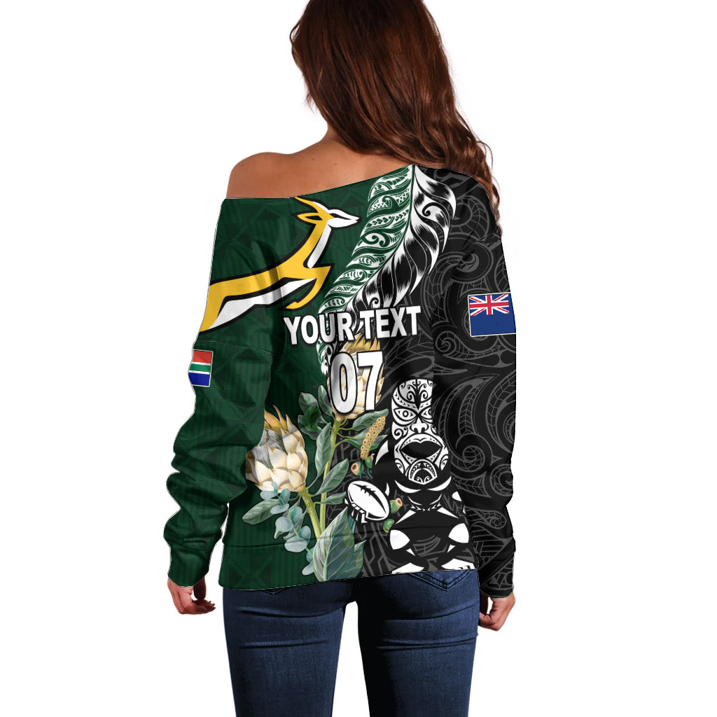 Custom South Africa Mix New Zealand Rugby 2023 Couples Matching Off Shoulder Maxi Dress and Long Sleeve Button Shirt World Cup Greatest Rivalry LT7