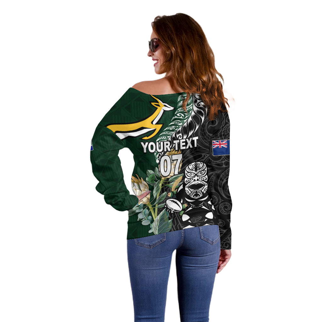 Custom South Africa Mix New Zealand Rugby 2023 Couples Matching Off Shoulder Maxi Dress and Long Sleeve Button Shirt World Cup Greatest Rivalry LT7