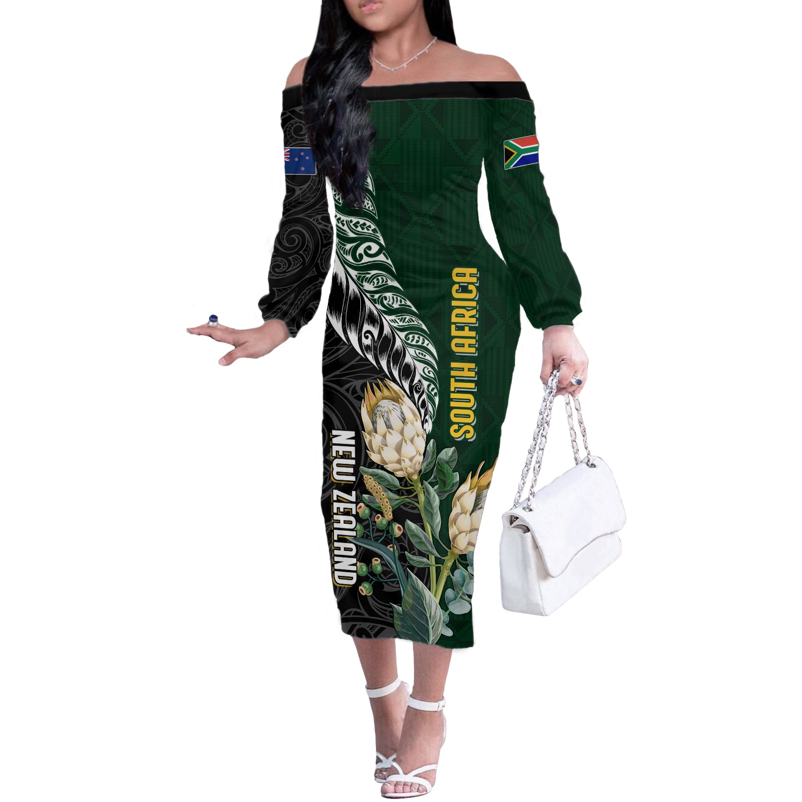 Custom South Africa Mix New Zealand Rugby 2023 Family Matching Off Shoulder Long Sleeve Dress and Hawaiian Shirt World Cup Greatest Rivalry LT7