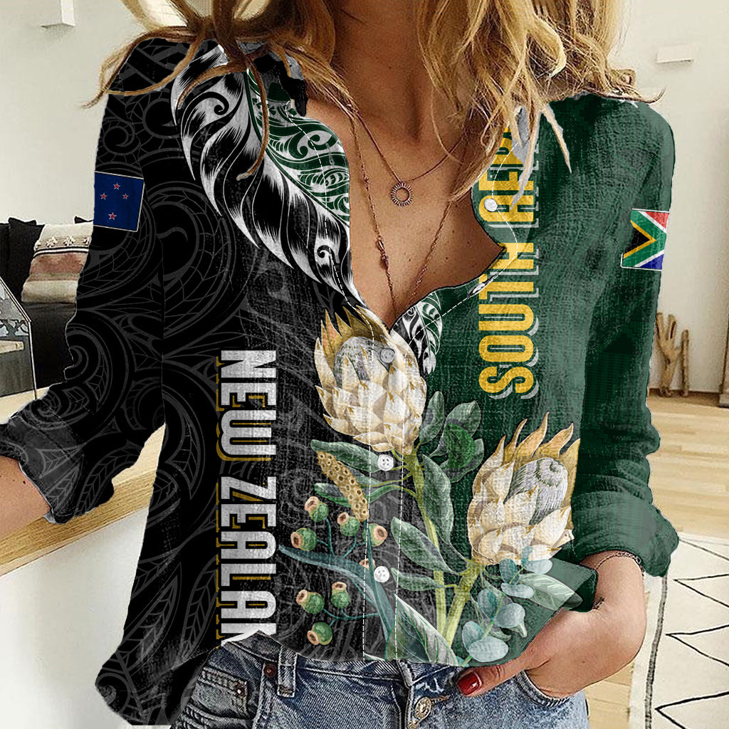 Custom South Africa Mix New Zealand Rugby 2023 Couples Matching Short Sleeve Bodycon Dress and Hawaiian Shirt World Cup Greatest Rivalry LT7