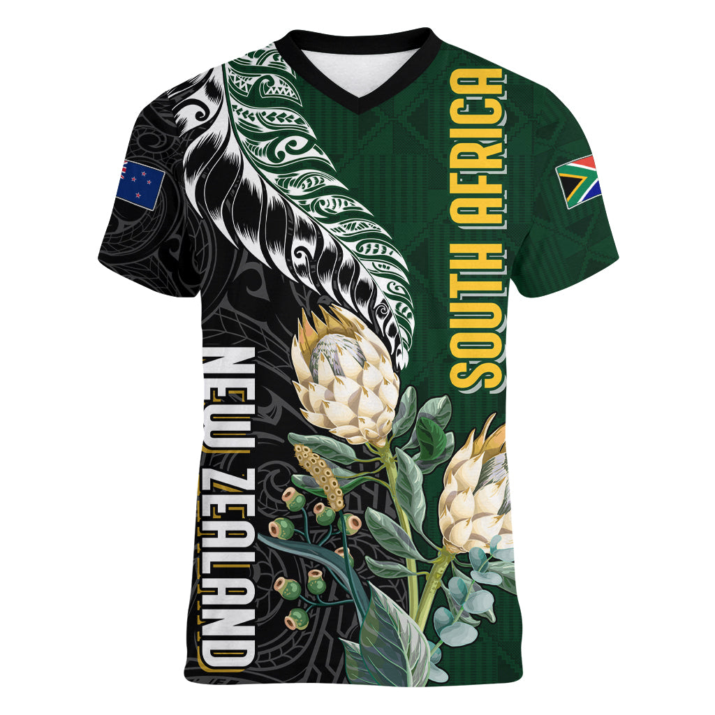 Custom South Africa Mix New Zealand Rugby 2023 Couples Matching Short Sleeve Bodycon Dress and Long Sleeve Button Shirt World Cup Greatest Rivalry LT7