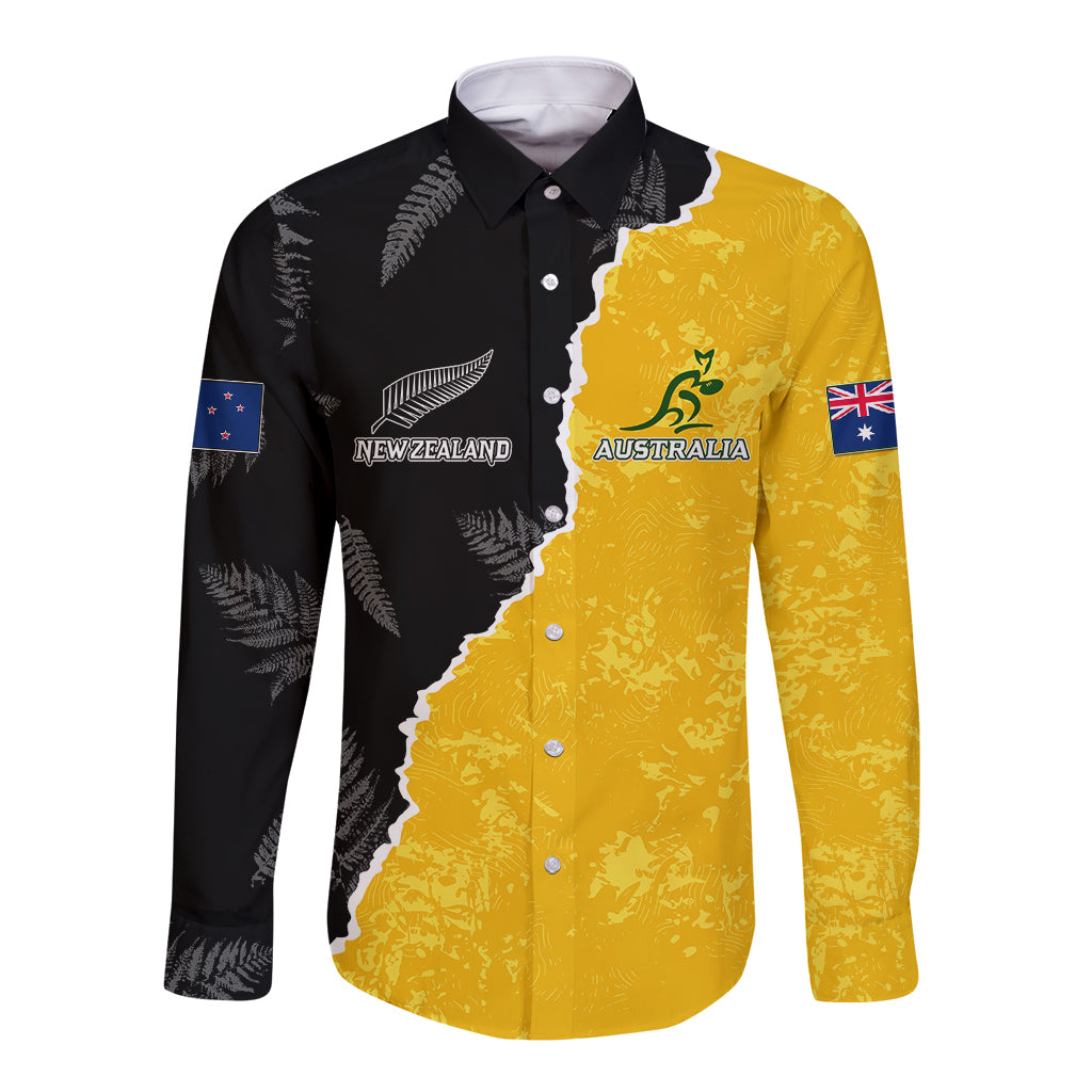 Australia Rugby Mix New Zealands Rugby Long Sleeve Button Shirt Wallabies Versus Silver Fern Sporty Basic - Vibe Hoodie Shop