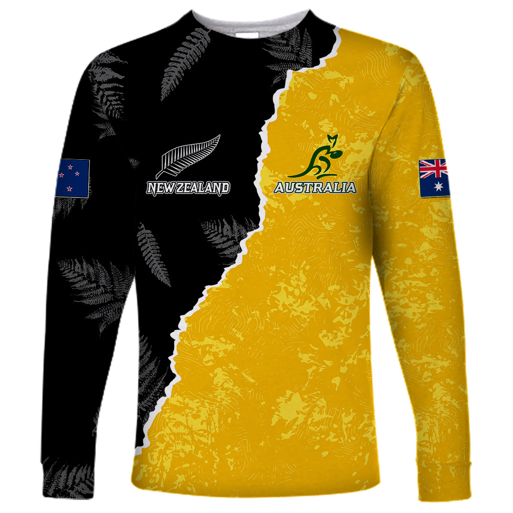 Australia Rugby Mix New Zealands Rugby Long Sleeve Shirt Wallabies Versus Silver Fern Sporty Basic - Vibe Hoodie Shop