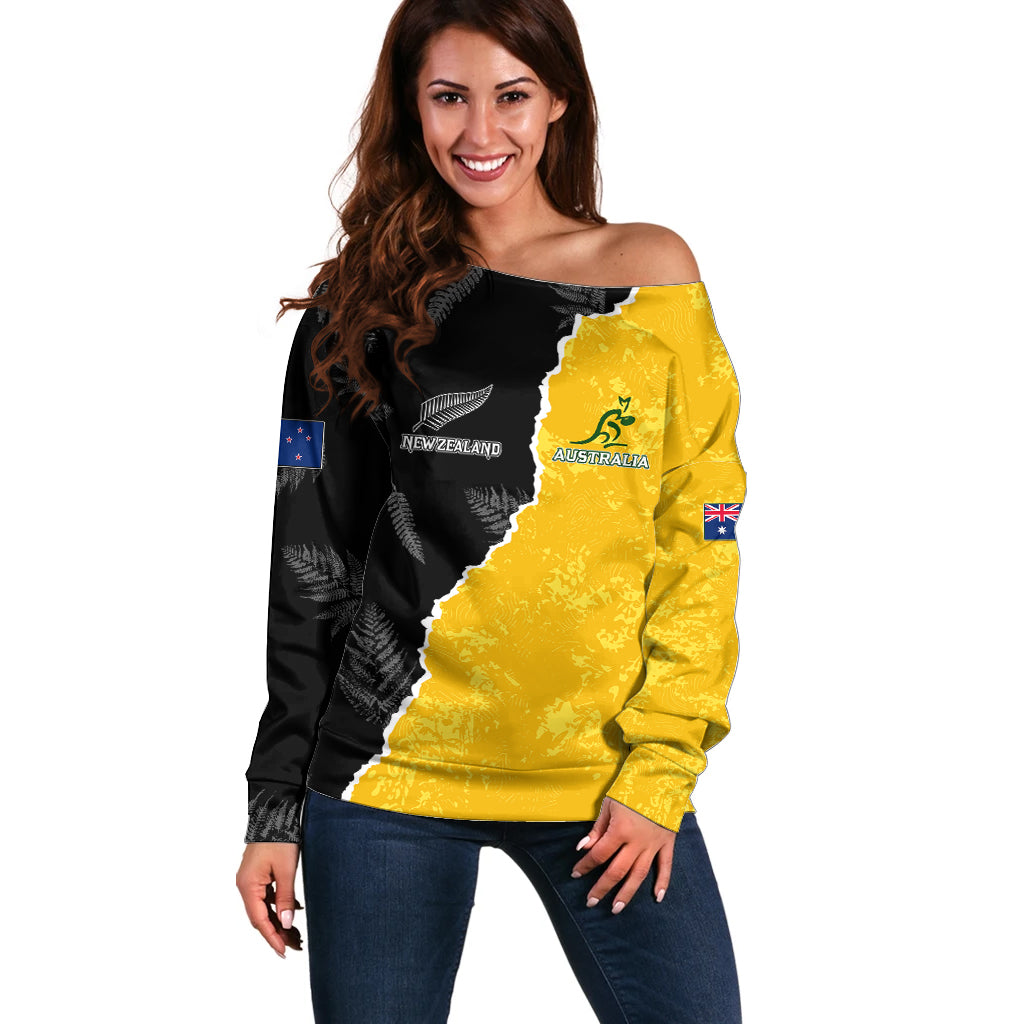 Australia Rugby Mix New Zealands Rugby Off Shoulder Sweater Wallabies Versus Silver Fern Sporty Basic - Vibe Hoodie Shop