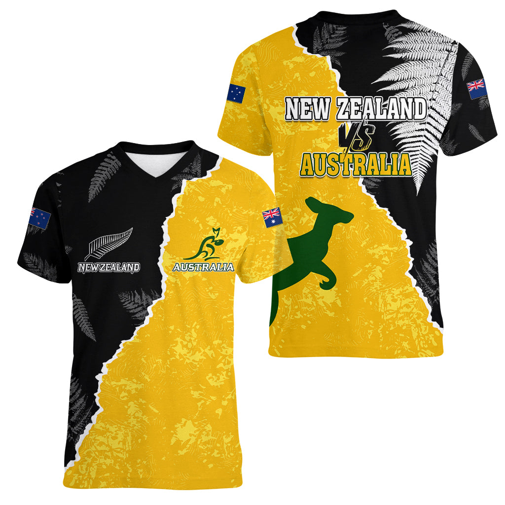 Australia Rugby Mix New Zealands Rugby Women V Neck T Shirt Wallabies Versus Silver Fern Sporty Basic - Vibe Hoodie Shop