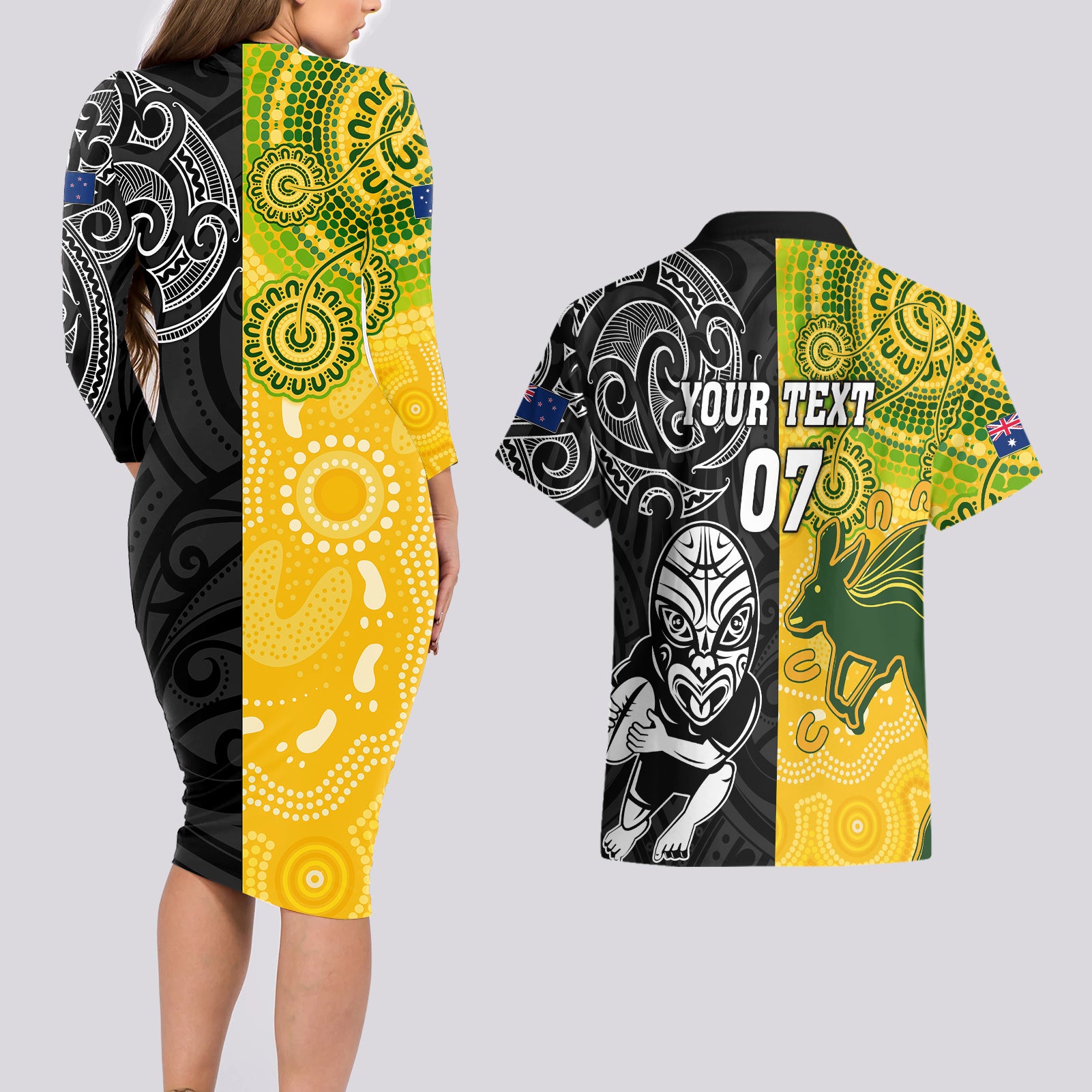 personalised-australia-rugby-mix-new-zealands-rugby-couples-matching-long-sleeve-bodycon-dress-and-hawaiian-shirt-indigenous-half-half-style