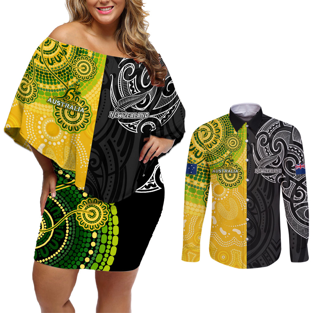 personalised-australia-rugby-mix-new-zealands-rugby-couples-matching-off-shoulder-short-dress-and-long-sleeve-button-shirts-indigenous-half-half-style