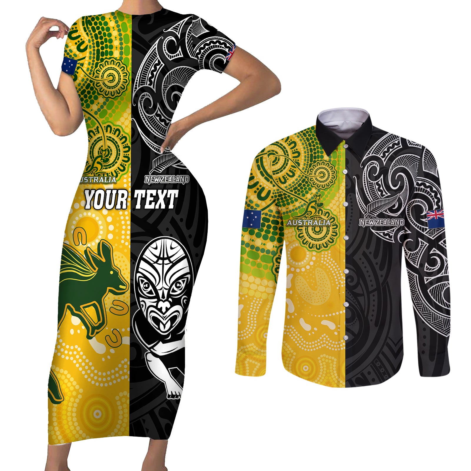 personalised-australia-rugby-mix-new-zealands-rugby-couples-matching-short-sleeve-bodycon-dress-and-long-sleeve-button-shirts-indigenous-half-half-style