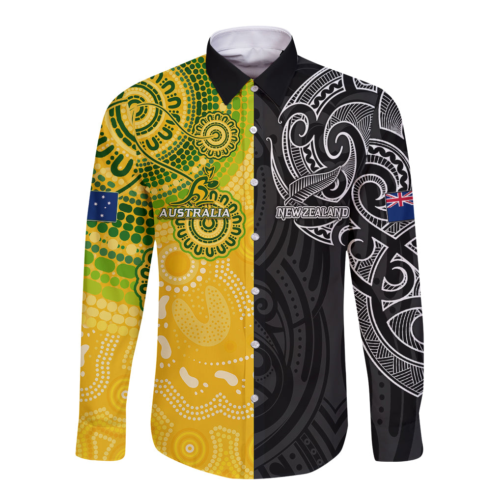 Personalised Australia Rugby Mix New Zealands Rugby Long Sleeve Button Shirt Indigenous Half-Half Style - Vibe Hoodie Shop