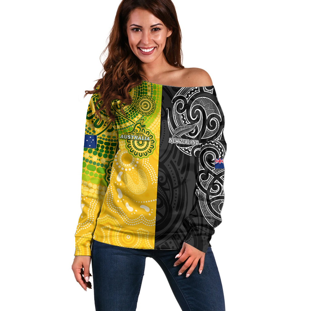 Personalised Australia Rugby Mix New Zealands Rugby Off Shoulder Sweater Indigenous Half-Half Style - Vibe Hoodie Shop