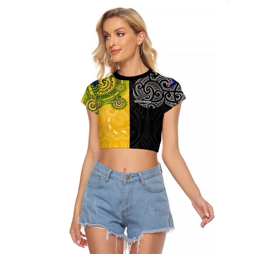 Personalised Australia Rugby Mix New Zealands Rugby Raglan Cropped T Shirt Indigenous Half-Half Style - Vibe Hoodie Shop
