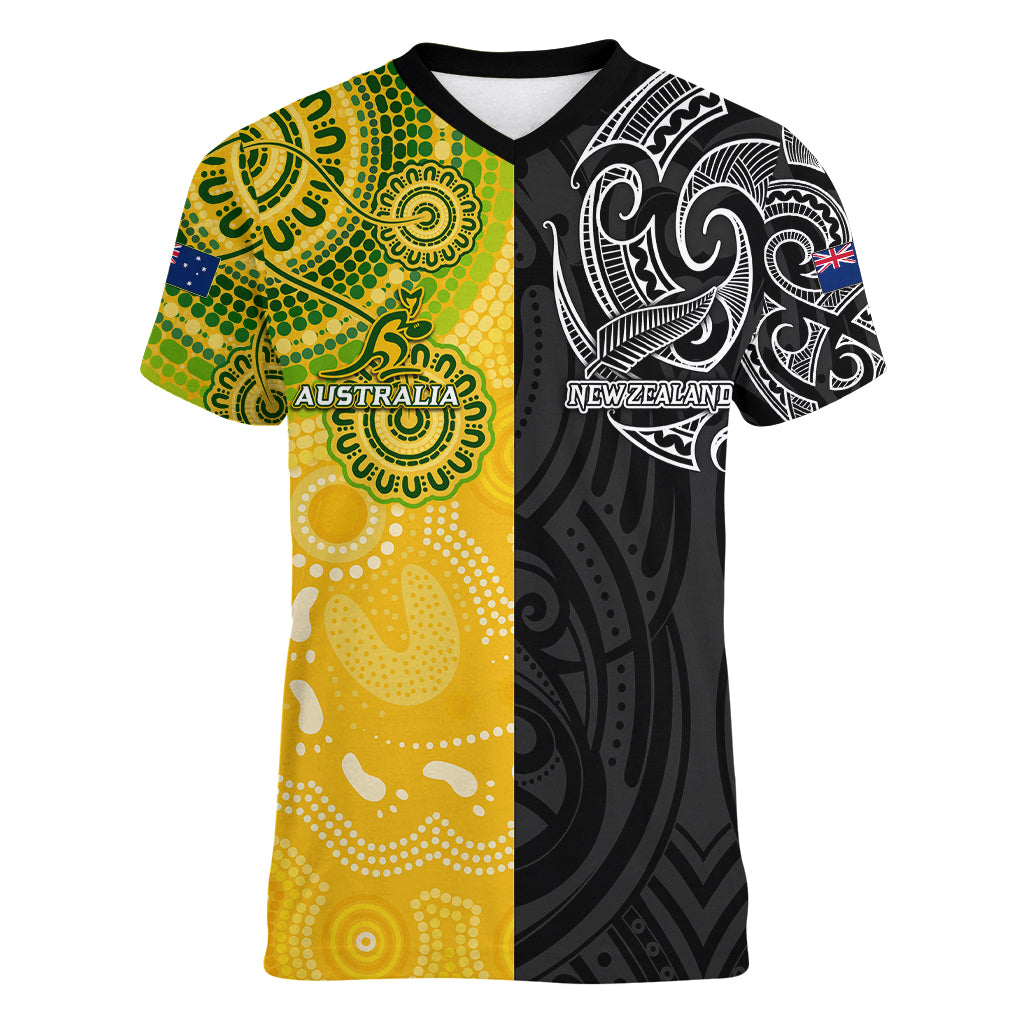 Personalised Australia Rugby Mix New Zealands Rugby Women V Neck T Shirt Indigenous Half-Half Style - Vibe Hoodie Shop