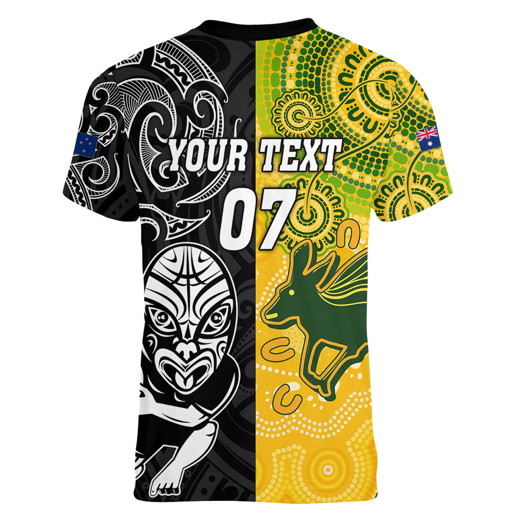 Personalised Australia Rugby Mix New Zealands Rugby Women V Neck T Shirt Indigenous Half-Half Style - Vibe Hoodie Shop