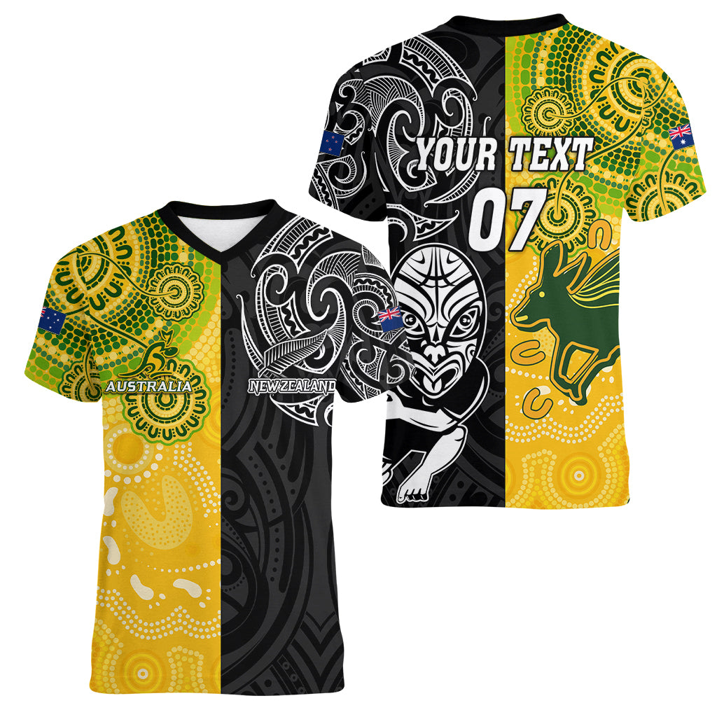 Personalised Australia Rugby Mix New Zealands Rugby Women V Neck T Shirt Indigenous Half-Half Style - Vibe Hoodie Shop