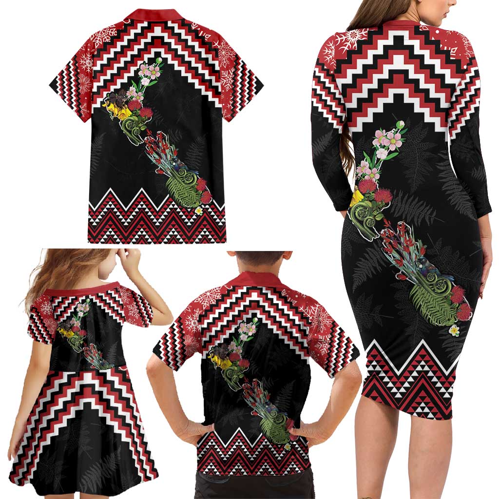 New Zealand Christmas Taniko Poutama Family Matching Long Sleeve Bodycon Dress and Hawaiian Shirt Flora Map with Birds - Vibe Hoodie