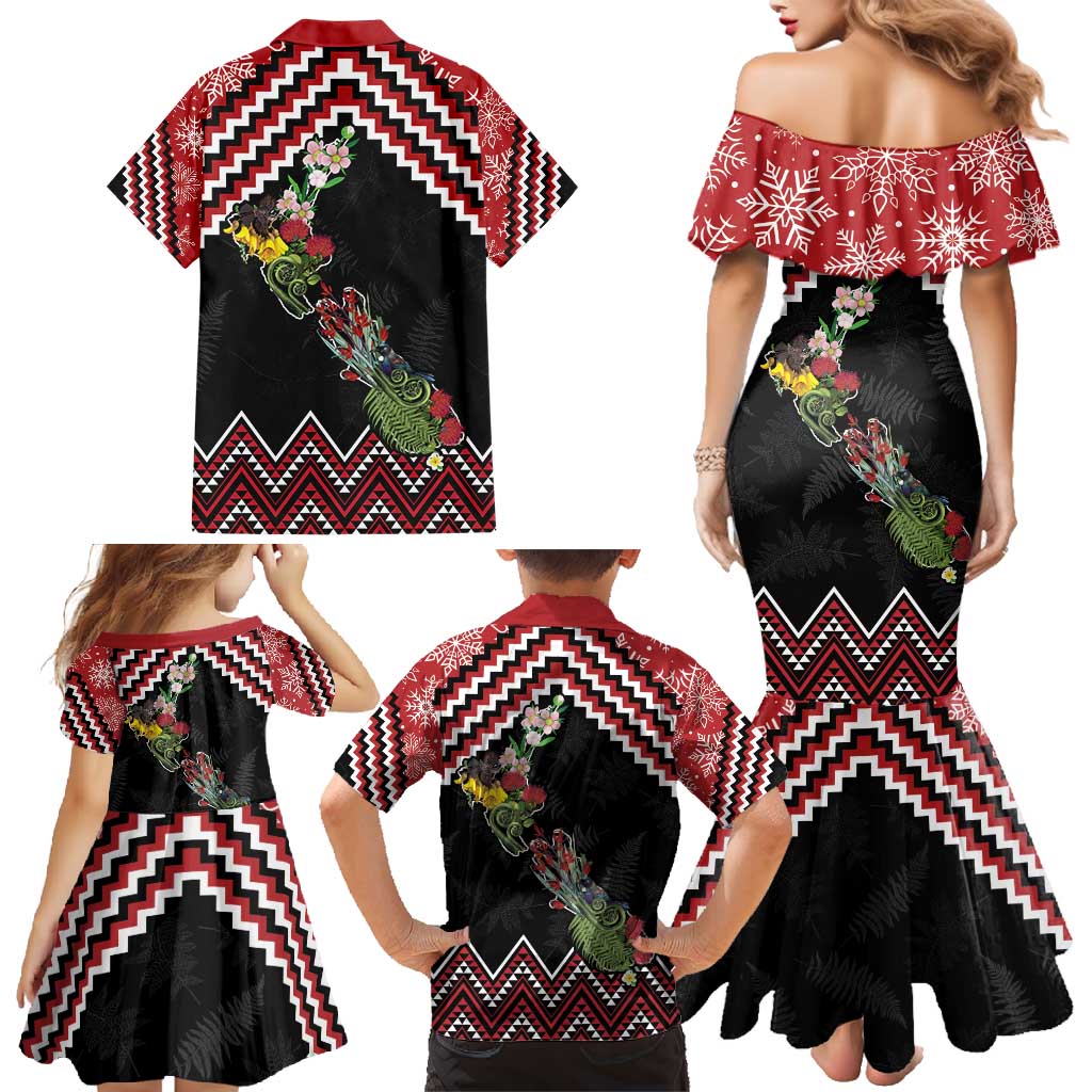 New Zealand Christmas Taniko Poutama Family Matching Mermaid Dress and Hawaiian Shirt Flora Map with Birds - Vibe Hoodie