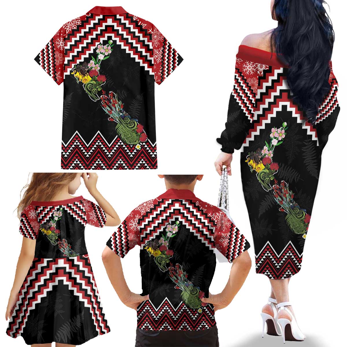 New Zealand Christmas Taniko Poutama Family Matching Off The Shoulder Long Sleeve Dress and Hawaiian Shirt Flora Map with Birds - Vibe Hoodie