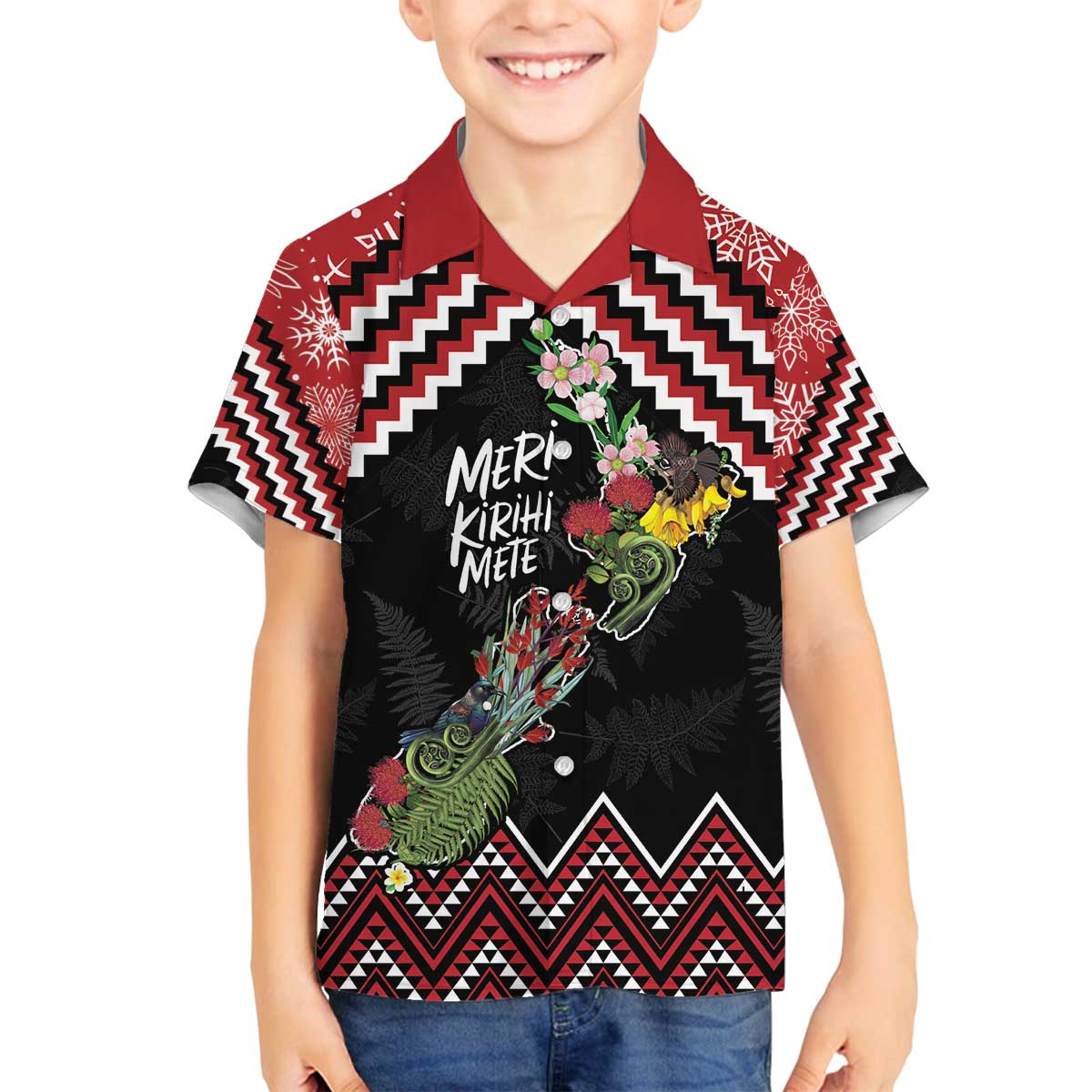 New Zealand Christmas Taniko Poutama Family Matching Off The Shoulder Long Sleeve Dress and Hawaiian Shirt Flora Map with Birds - Vibe Hoodie