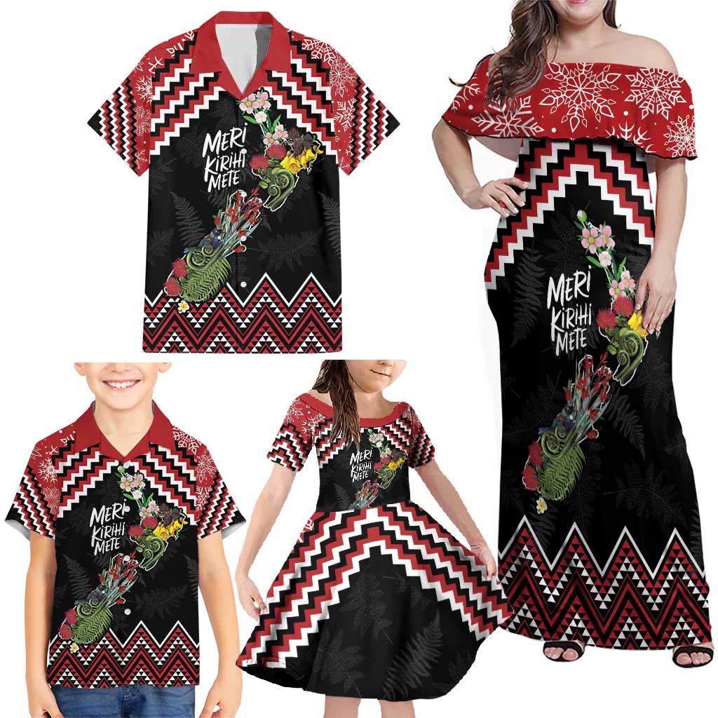 New Zealand Christmas Taniko Poutama Family Matching Off Shoulder Maxi Dress and Hawaiian Shirt Flora Map with Birds - Vibe Hoodie