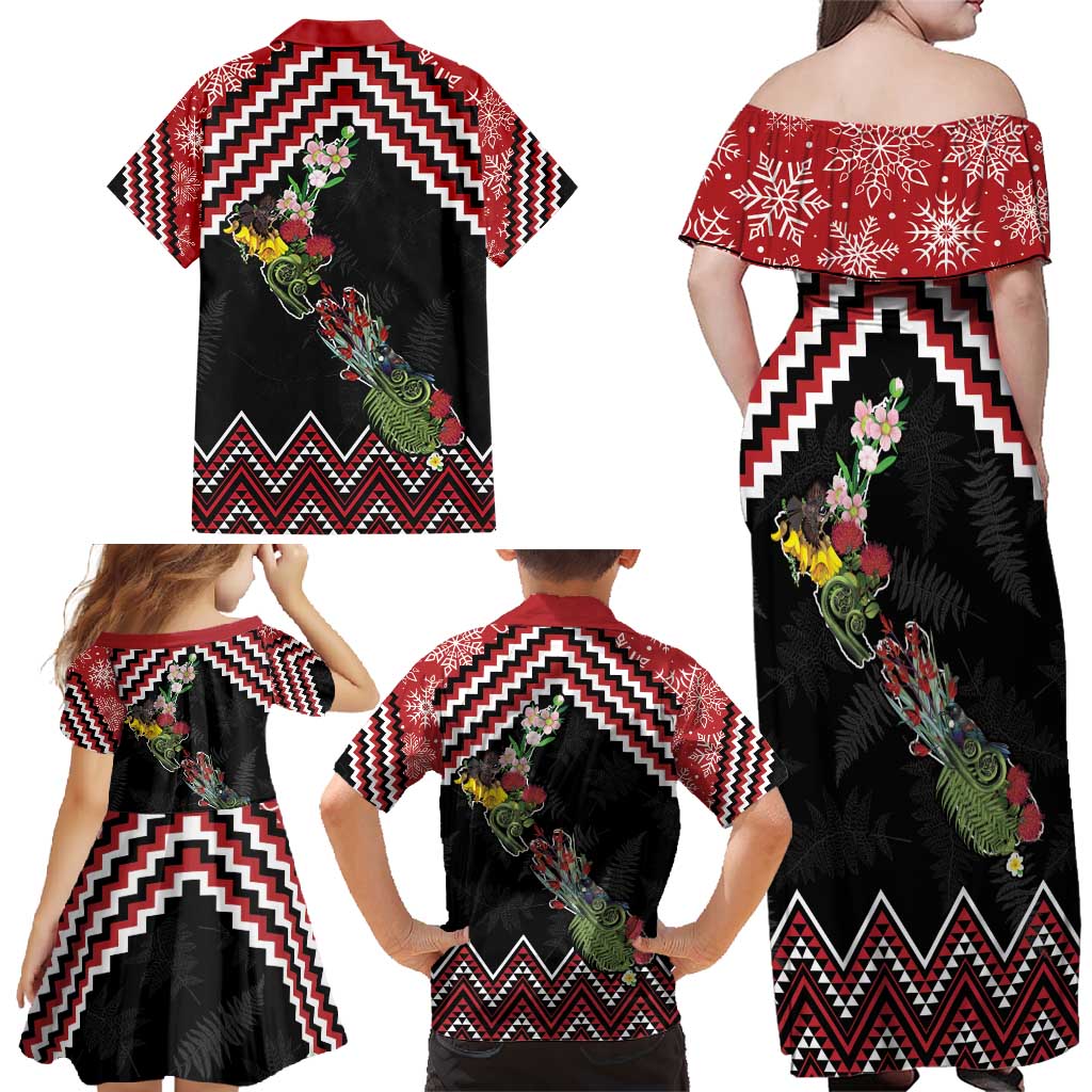 New Zealand Christmas Taniko Poutama Family Matching Off Shoulder Maxi Dress and Hawaiian Shirt Flora Map with Birds - Vibe Hoodie