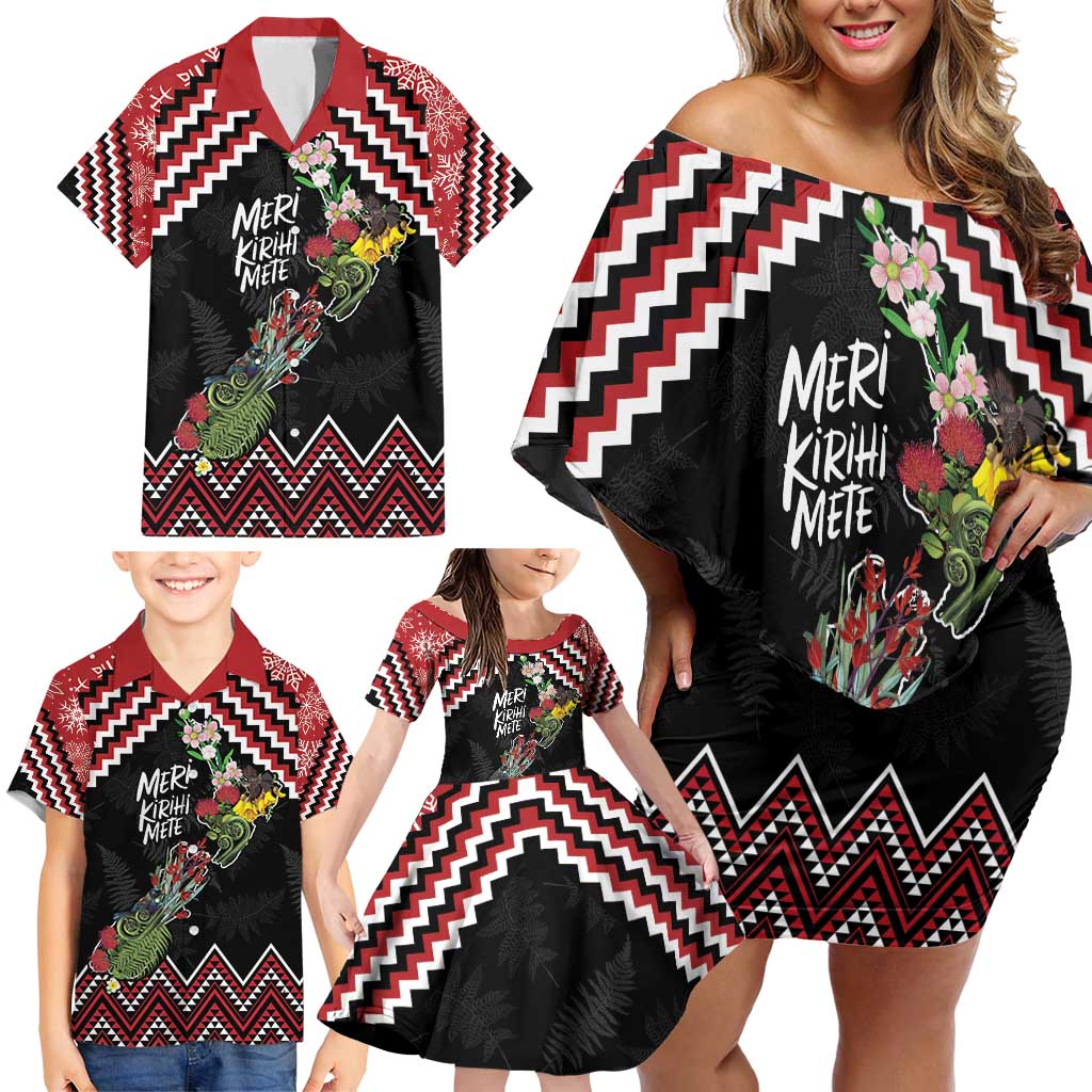 New Zealand Christmas Taniko Poutama Family Matching Off Shoulder Short Dress and Hawaiian Shirt Flora Map with Birds - Vibe Hoodie