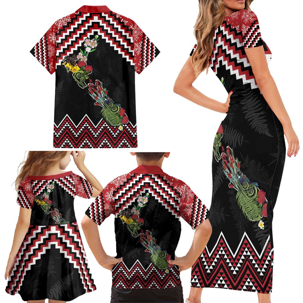 New Zealand Christmas Taniko Poutama Family Matching Short Sleeve Bodycon Dress and Hawaiian Shirt Flora Map with Birds - Vibe Hoodie