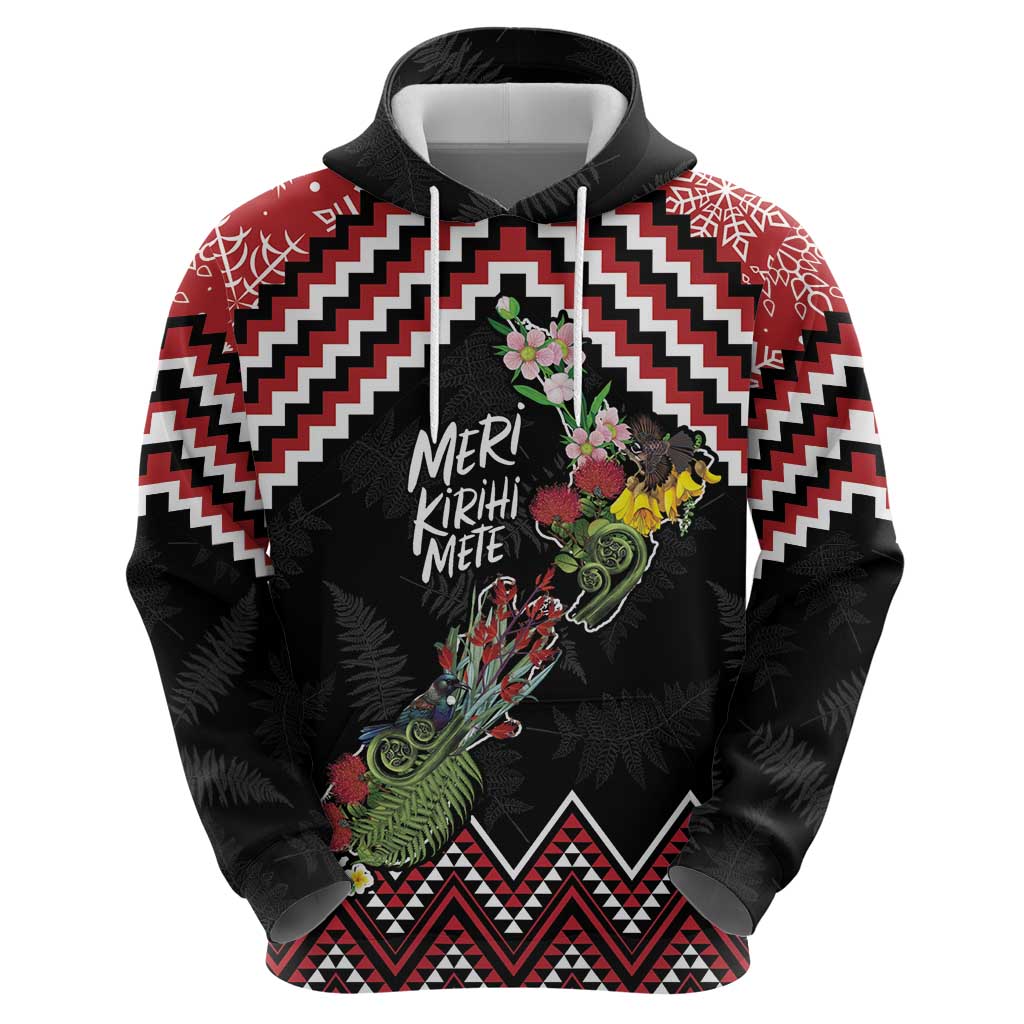 New Zealand Christmas Taniko Poutama Hoodie Flora Map with Birds - Vibe Hoodie
