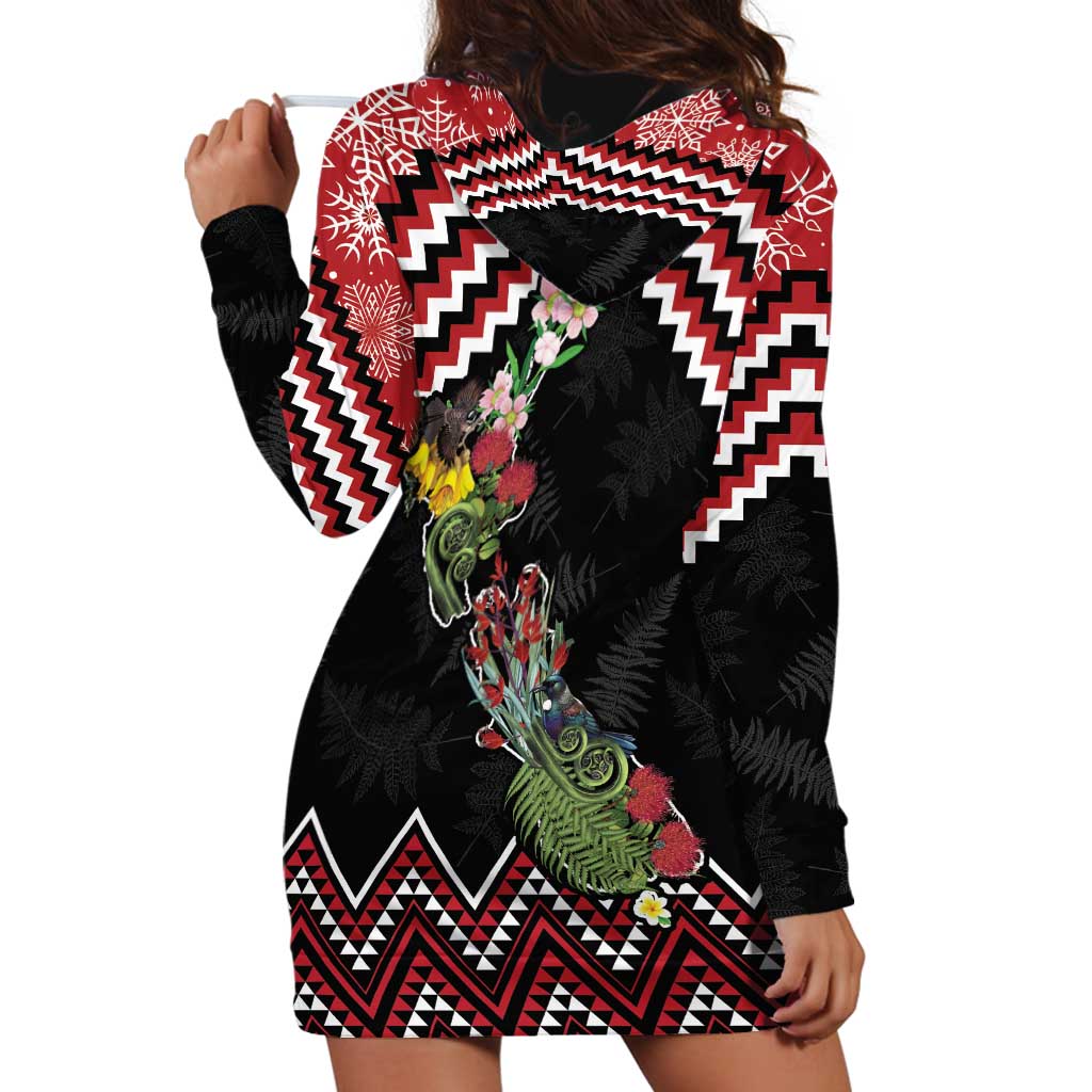 New Zealand Christmas Taniko Poutama Hoodie Dress Flora Map with Birds - Vibe Hoodie