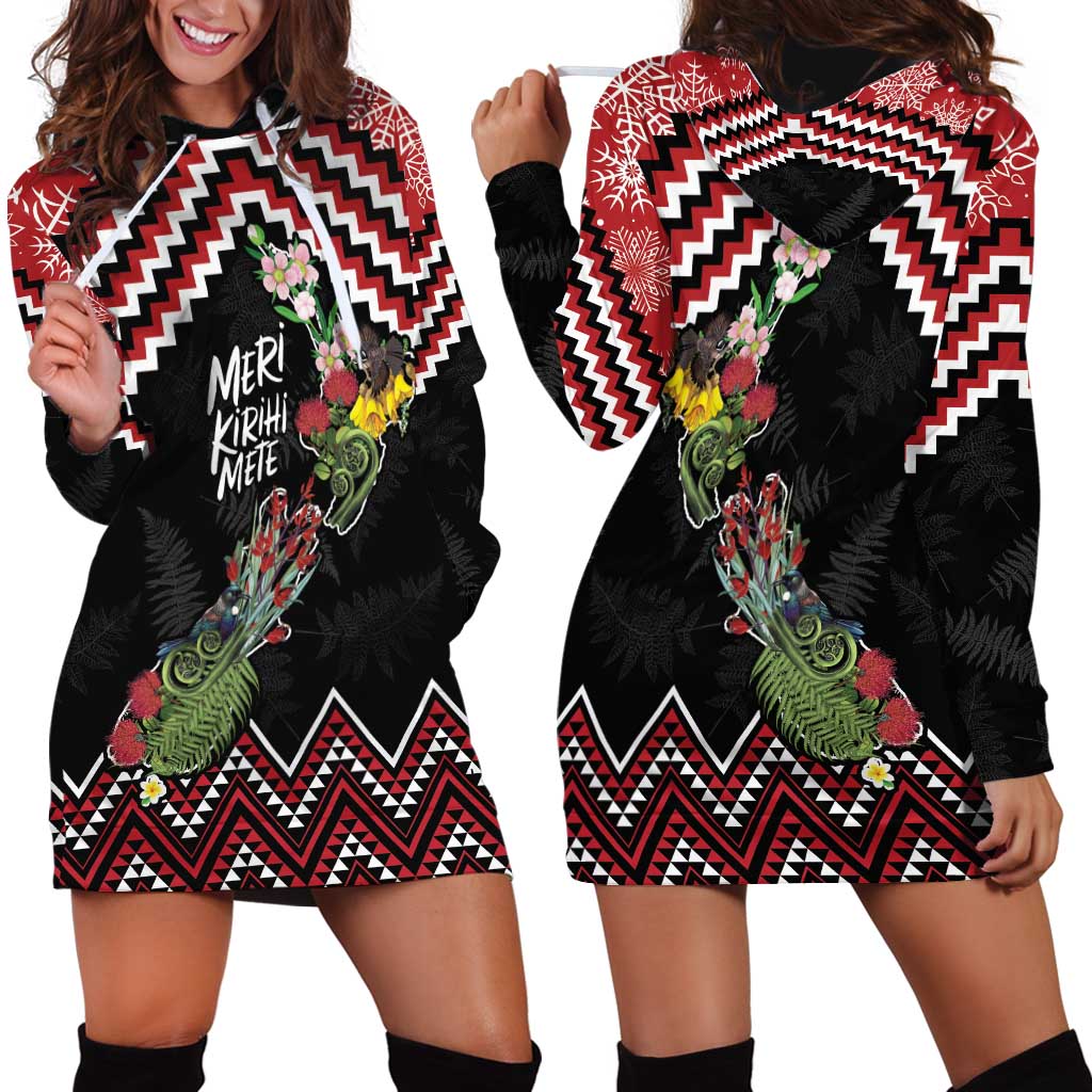 New Zealand Christmas Taniko Poutama Hoodie Dress Flora Map with Birds - Vibe Hoodie
