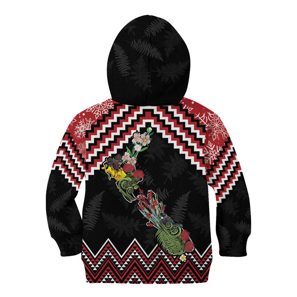 New Zealand Christmas Taniko Poutama Kid Hoodie Flora Map with Birds - Vibe Hoodie