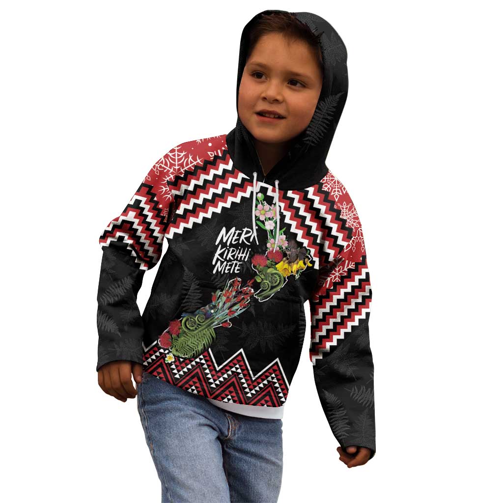 New Zealand Christmas Taniko Poutama Kid Hoodie Flora Map with Birds - Vibe Hoodie