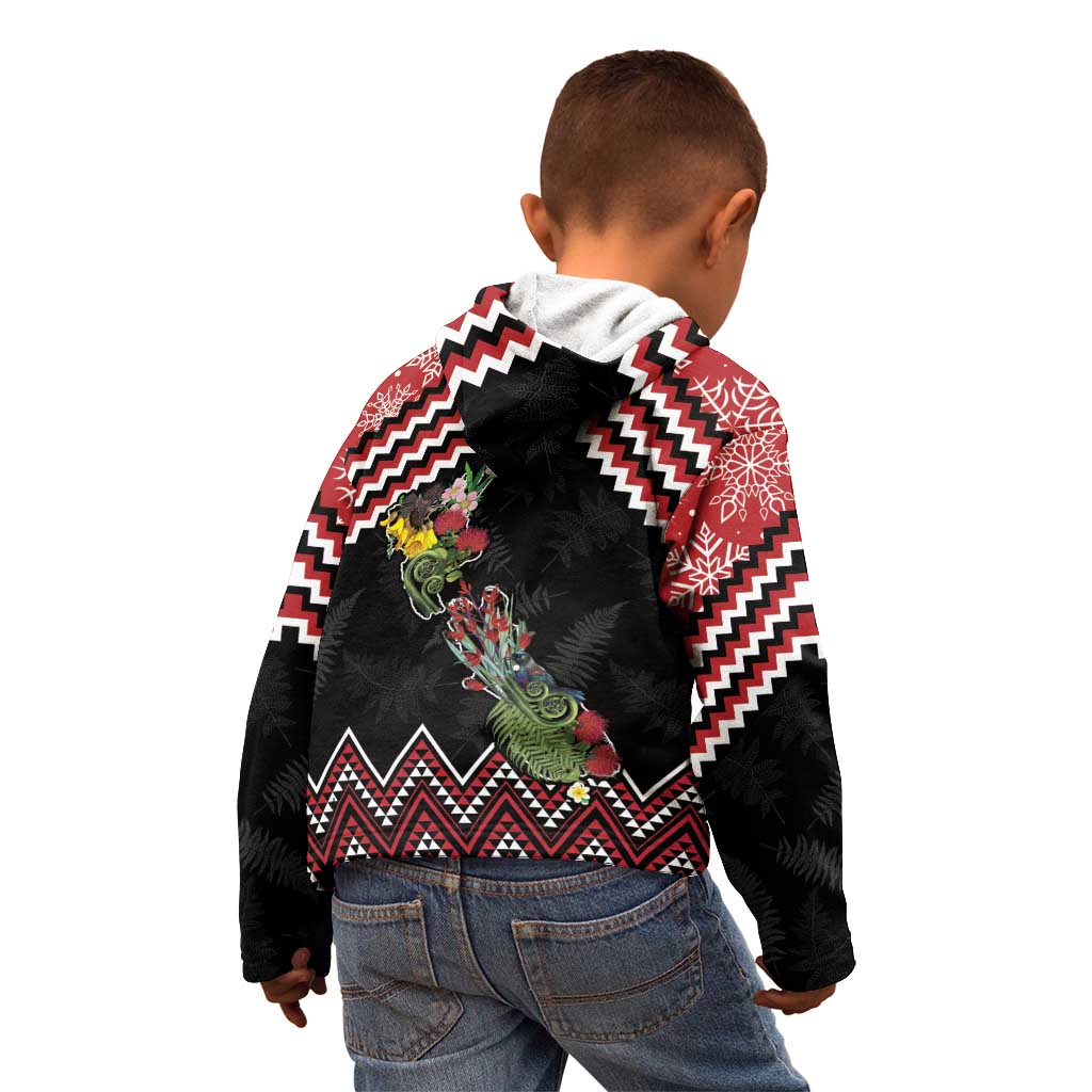 New Zealand Christmas Taniko Poutama Kid Hoodie Flora Map with Birds - Vibe Hoodie