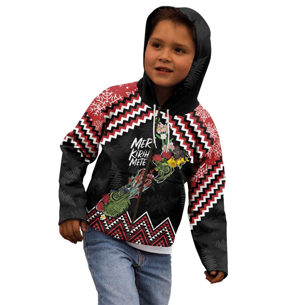 New Zealand Christmas Taniko Poutama Kid Hoodie Flora Map with Birds - Vibe Hoodie