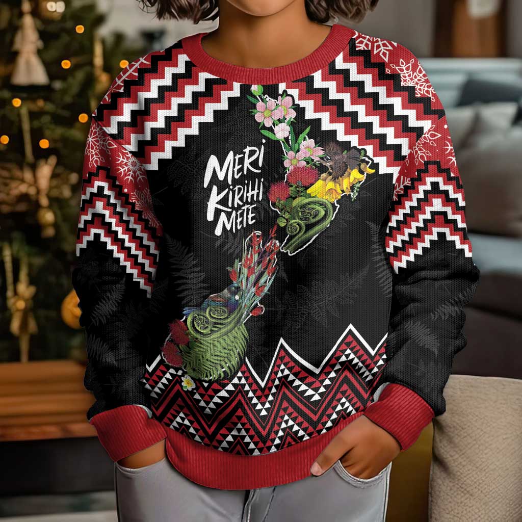 New Zealand Christmas Taniko Poutama Kid Ugly Christmas Sweater Flora Map with Birds - Vibe Hoodie