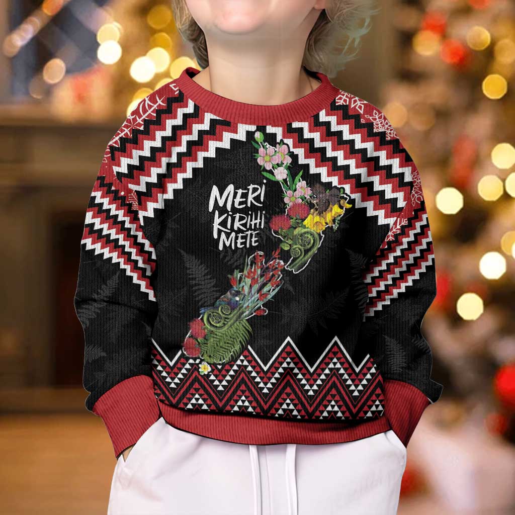 New Zealand Christmas Taniko Poutama Kid Ugly Christmas Sweater Flora Map with Birds - Vibe Hoodie