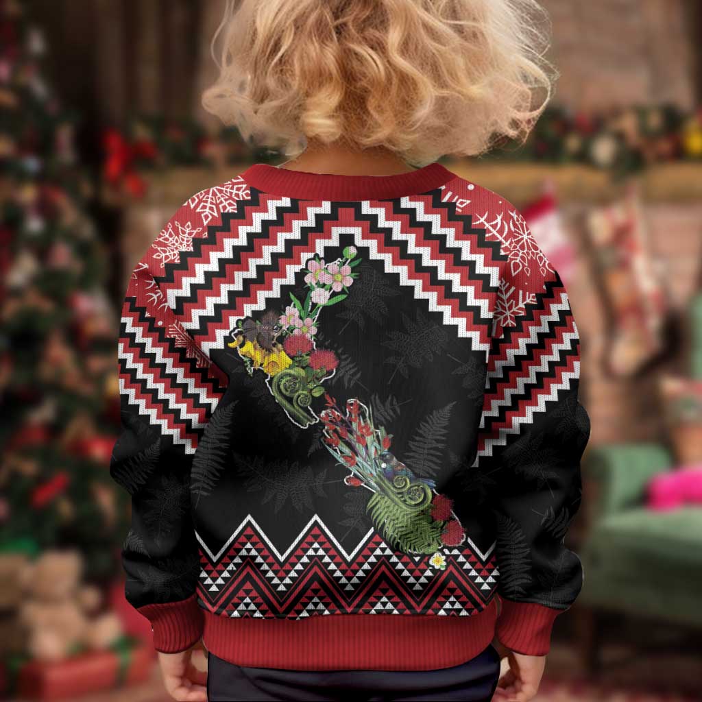 New Zealand Christmas Taniko Poutama Kid Ugly Christmas Sweater Flora Map with Birds - Vibe Hoodie