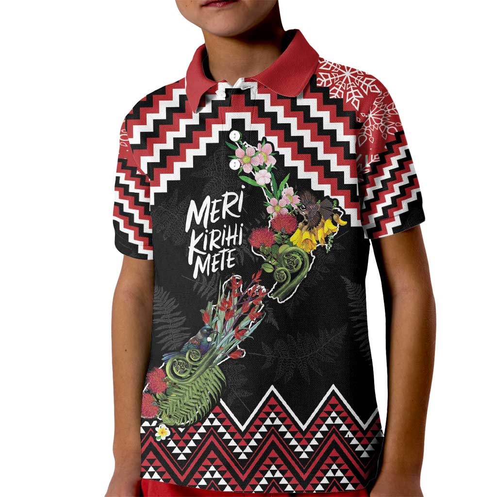 New Zealand Christmas Taniko Poutama Kid Polo Shirt Flora Map with Birds - Vibe Hoodie