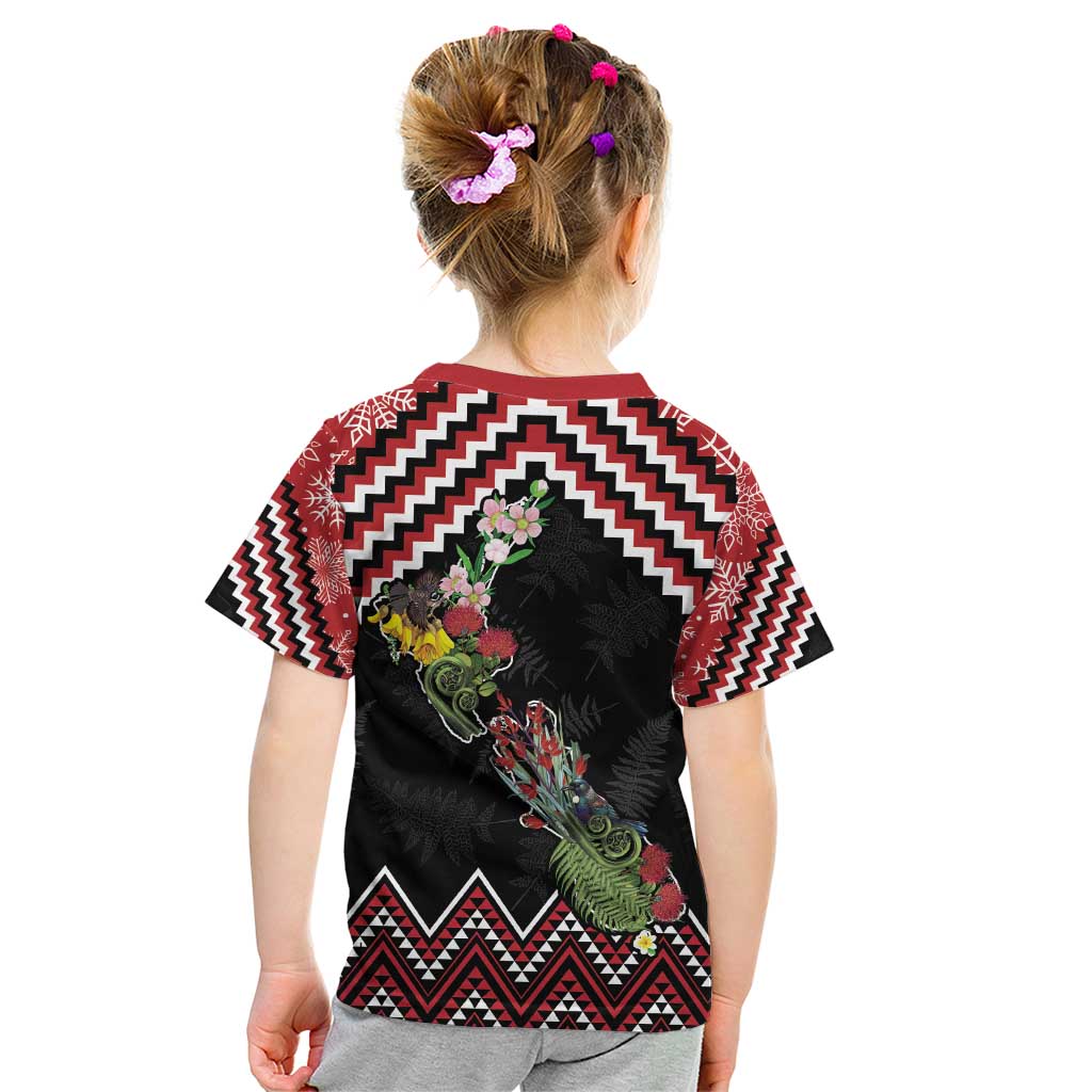 New Zealand Christmas Taniko Poutama Kid T Shirt Flora Map with Birds - Vibe Hoodie