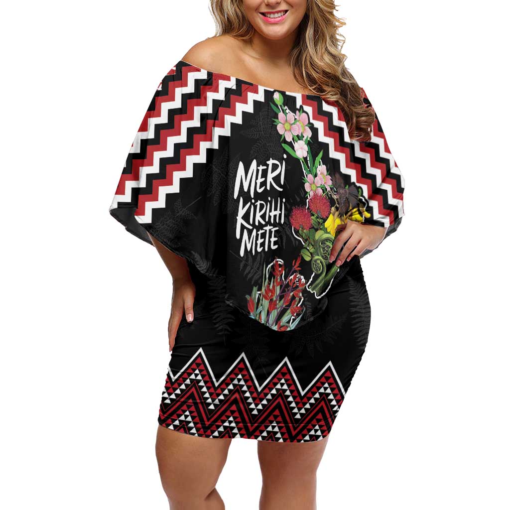 New Zealand Christmas Taniko Poutama Off Shoulder Short Dress Flora Map with Birds - Vibe Hoodie