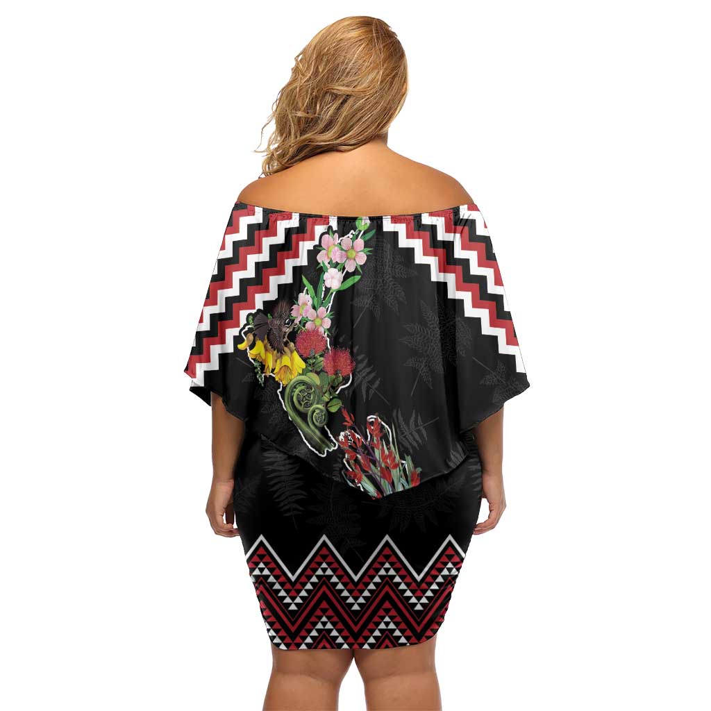 New Zealand Christmas Taniko Poutama Off Shoulder Short Dress Flora Map with Birds - Vibe Hoodie