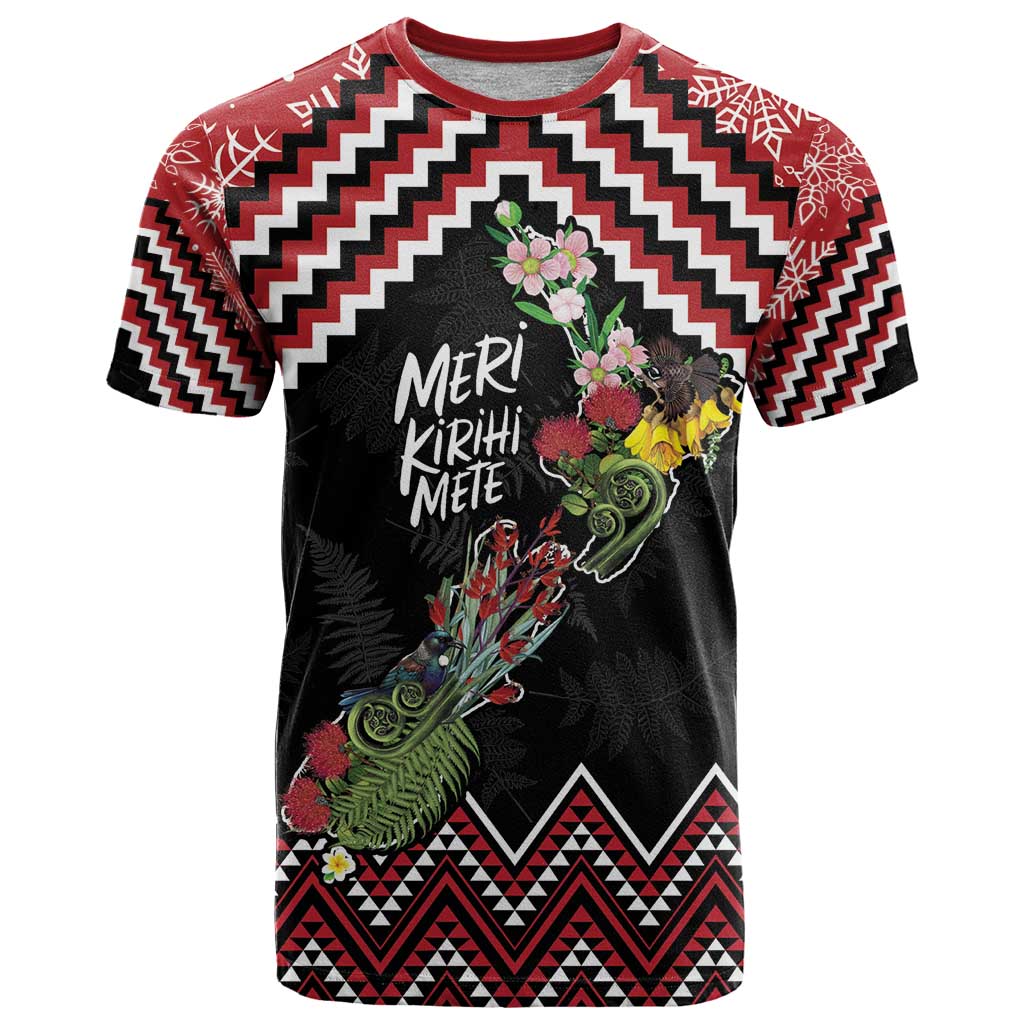 New Zealand Christmas Taniko Poutama T Shirt Flora Map with Birds - Vibe Hoodie