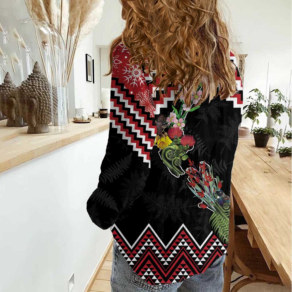 New Zealand Christmas Taniko Poutama Women Casual Shirt Flora Map with Birds - Vibe Hoodie