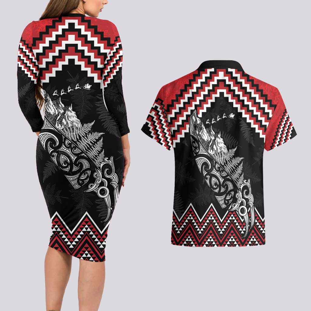 New Zealand Christmas Taniko Poutama Couples Matching Long Sleeve Bodycon Dress and Hawaiian Shirt Mountainscape Maori Fern - Vibe Hoodie