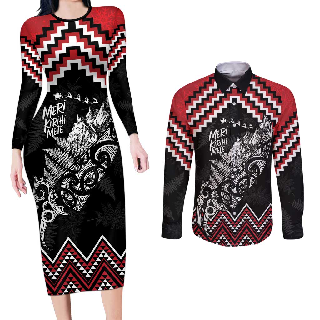 New Zealand Christmas Taniko Poutama Couples Matching Long Sleeve Bodycon Dress and Long Sleeve Button Shirt Mountainscape Maori Fern - Vibe Hoodie